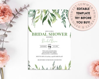 Bridal Shower Green Leaves Invitation Printable Template, Bridal Shower Editable Template, Bridal Shower Invitation Template, Green Bridal