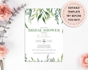 Bridal Shower Green Leaves Invitation Printable Template, Bridal Shower Editable Template, Bridal Shower Invitation Template, Green Bridal
