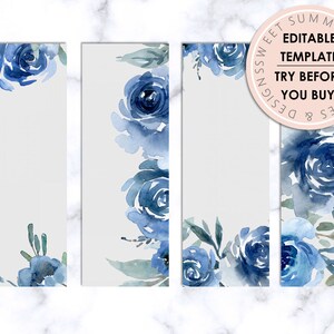 Watercolor Blue Floral Editable Printable Bookmark, Floral Print Bookmark, Bookmark Template, Reading Journal Printable, Booklover Printable