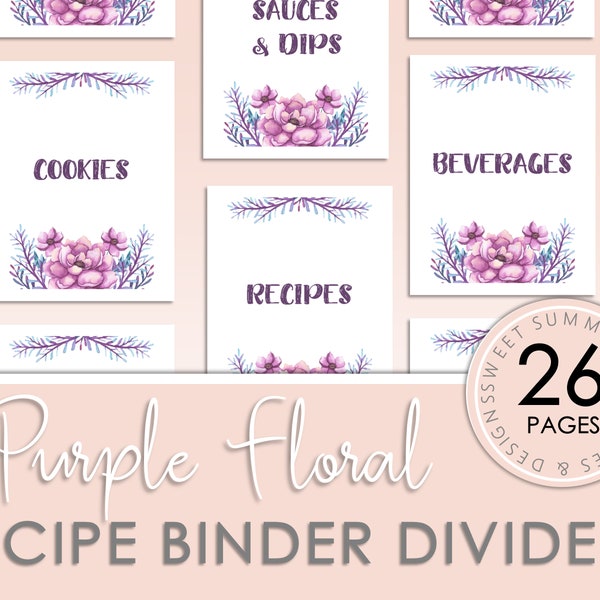 Recipe Binder Dividers Printable, Purple Floral Recipe Binder Dividers, Purple Floral Recipe Binder Kit Printable, Recipe Book Inserts