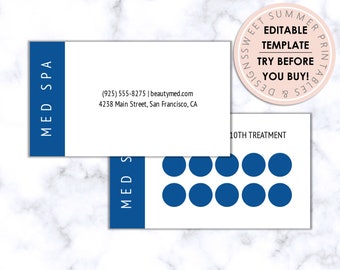 Puede incluir: Una tarjeta de fidelización azul y blanca para un spa llamado "Med Spa". La tarjeta tiene espacio para 10 tratamientos y el texto "10th Treatment" está impreso en la parte superior. La tarjeta también incluye el número de teléfono, el sitio web y la dirección del spa.