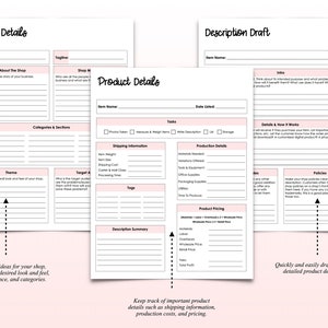 May include: A printable worksheet with pink accents to help you organize your Etsy shop details, product details, and descriptions. The worksheet includes sections for shop name, tagline, categories, target audience, shipping information, production details, product pricing, and a description draft.