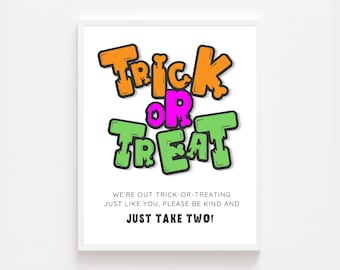 Trick or Treat Bright Sign Printable | We’re Out Trick or Treating Sign | Halloween Porch Sign | Instant Download