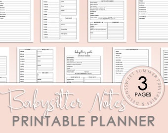 Babysitter's Information Printable, Babysitter Log Printable, Babysitter Notes, Nanny Log Printable, Nanny Notes, Emergency Contact