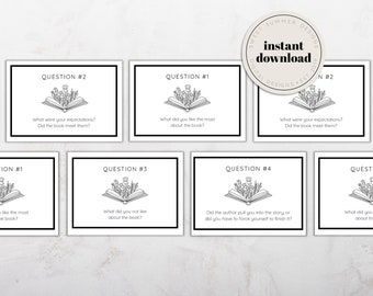 May include: Six printable book club discussion cards with black and white illustrations of an open book with flowers. Each card has a different question about the book. The questions are: What were your expectations? Did the book meet them?, What did you like the most about the book?, What did you not like about the book?, Did the author pull you into the story or did you have to force yourself to finish it?, What did you think about the ending?