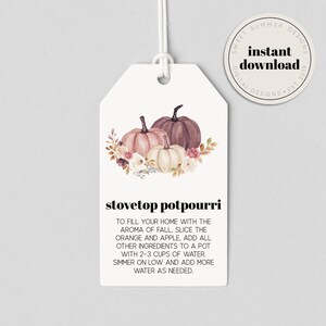 May include: A printable gift tag with a watercolor illustration of three pumpkins with fall foliage. The text on the tag reads "stovetop potpourri" and includes instructions for making a stovetop potpourri.