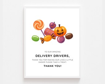 Halloween Candy Delivery Driver Drinks Snack Sign Printable | Thank You Delivery Drivers Sign | Porch Snack Station Sign
