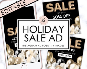 Goldballons Black Friday Bearbeitbare Instagram-Anzeige, bearbeitbare Verkaufsanzeige, Feiertagsanzeige, Instagram-Anzeigenvorlage, Social Media-Anzeigenvorlage