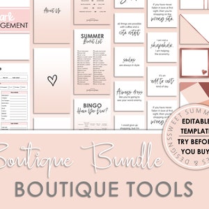 Könnte beinhalten: Ein rosa und roségoldenes druckbares Bundle für ein Geschäft. Das Bundle enthält eine Sommer-Eimerliste, eine Bingokarte, Kleidungsdetails und andere druckbare Vorlagen. Der Text "Sweet Summer Printables Editable Template Try Before You Buy!" befindet sich auf einem rosa Kreis mit roségoldener Umrandung.