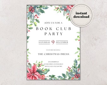 Op de afbeelding: Een aquarel-uitnodiging met een rand van hulst en kerstster. De uitnodiging is voor een boekclubfeest op 9 december. De aanbevolen lectuur is "The Christmas Dress".