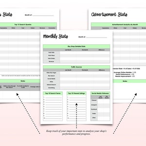 May include: A printable worksheet for Etsy shop owners to track their monthly shop stats, including search queries, traffic sources, top viewed listings, and social media followers. The worksheet is designed to help Etsy sellers analyze their shop's performance and progress.