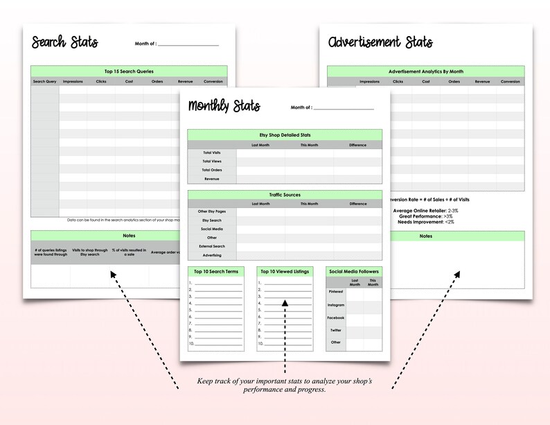 May include: A printable worksheet for Etsy shop owners to track their monthly shop stats, including search queries, traffic sources, top viewed listings, and social media followers. The worksheet is designed to help Etsy sellers analyze their shop's performance and progress.