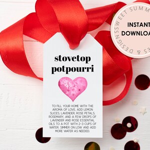 Watercolor Heart Stovetop Potpourri Tag Printable, Valentine&#39;s Day Stovetop Potpourri Tag, Printable Spring Stovetop Potpourri Tag