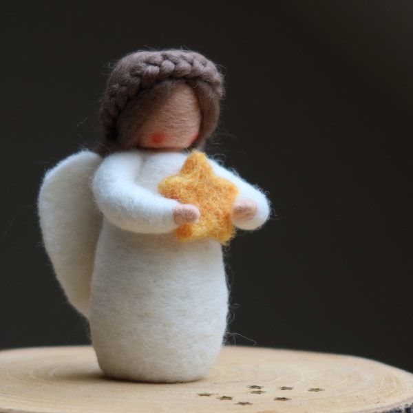 Felted Christmas angel with star (hair in brown).