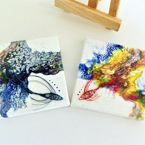 Original Abstract Fluid & Wire Art Mini Canvas Duo Set:  &quot;Kissing Fish&quot;