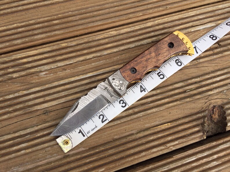 Damascus Steel Pocket Knife Legal to Carry Hunting Camping Etsy