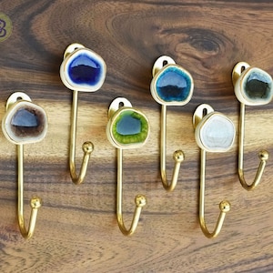 Ceramic Crackle Glass Coat Hooks Hangers, Gold Wall Hooks, Shabby Chic Towel Hook
