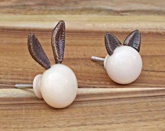 White Rabbit Cat Cabinet Drawer Knob, Woodland Animal Dresser Knob Pull