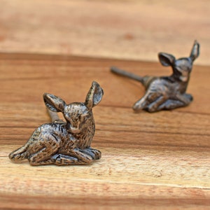 Set of Deer Metal Drawer Knob and Pull, Antique Fawn Animal Cabinet Knobs, Cast Iron Woodland Animal Dresser Pull