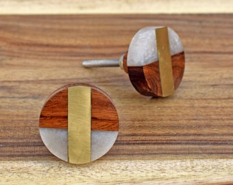 Wood and Brass Geometric Cabinet Knob, Decorative Brass inlay Drawer Knob, Unique Dresser Drawer Knobs