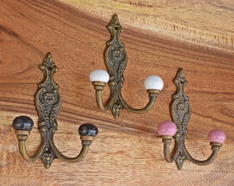 Cast Iron Coat Hook with Ceramic Knobs,Antique Double Wall Hook, Towel Hook Hanger