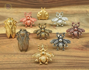 Set of Insect Metal Cabinet Drawer Knob, Bee Bug Cicada Cupboard Door Knob, Antique Brass Drawer Pulls