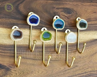 Ceramic Crackle Glass Coat Hooks Hangers, Gold Wall Hooks, Shabby Chic Towel Hook