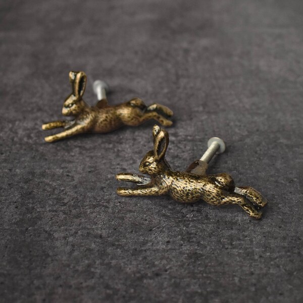 Set of Leaping Hare Metal Knob, Rabbit Animal Cute Dresser Drawer Knob, Woodland Animal Metal Cabinet Knob and Pull