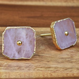 Rose Quartz Agate Cabinet Drawer Knob Pink Gemstone Swirled Gold Knob and Pull