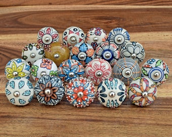 Set of Handmade Ceramic Cabinet Knobs Drawer Pulls, Multi Colour Round Dresser Wardrobe Knobs Handles