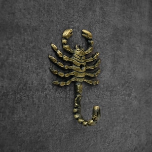 Op de afbeelding: Een bronzen haak in de vorm van een schorpioen. De haak is gedetailleerd met de lichaamssegmenten, scharen en staart van de schorpioen. Hij is gemonteerd op een donkergrijze, getextureerde ondergrond.