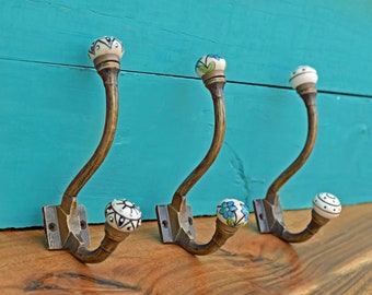 Set of Vintage Ceramic Coat Hooks Hangers, Antique Bronze Iron Wall Hooks, Shabby Chic Towel Hook