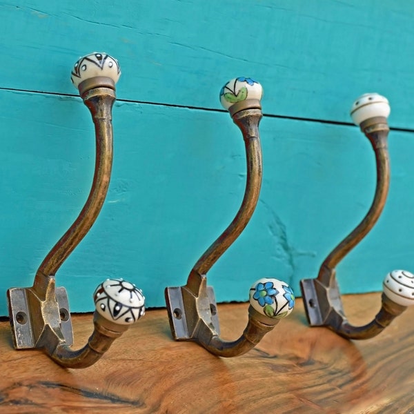 Set of Vintage Ceramic Coat Hooks Hangers, Antique Bronze Iron Wall Hooks, Shabby Chic Towel Hook