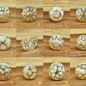 Set of Mother of Pearl Brass Cabinet Drawer Knobs, Brass Cabinet Knob and Pull, Gold Knobs