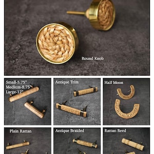 May include: A collection of cabinet hardware featuring natural woven rattan and brass accents. Styles include round knobs, pulls, and half-moon shapes. Sizes range from small (5.75 inches) to large (12 inches).