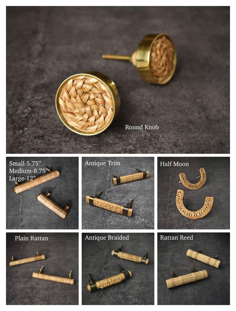 May include: A collection of cabinet hardware featuring natural woven rattan and brass accents. Styles include round knobs, pulls, and half-moon shapes. Sizes range from small (5.75 inches) to large (12 inches).
