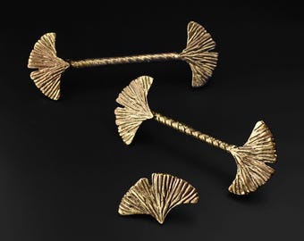 Antique Art Deco Ginko Kitchen Cabinet Handles and Knobs, Brass Drawer Pulls