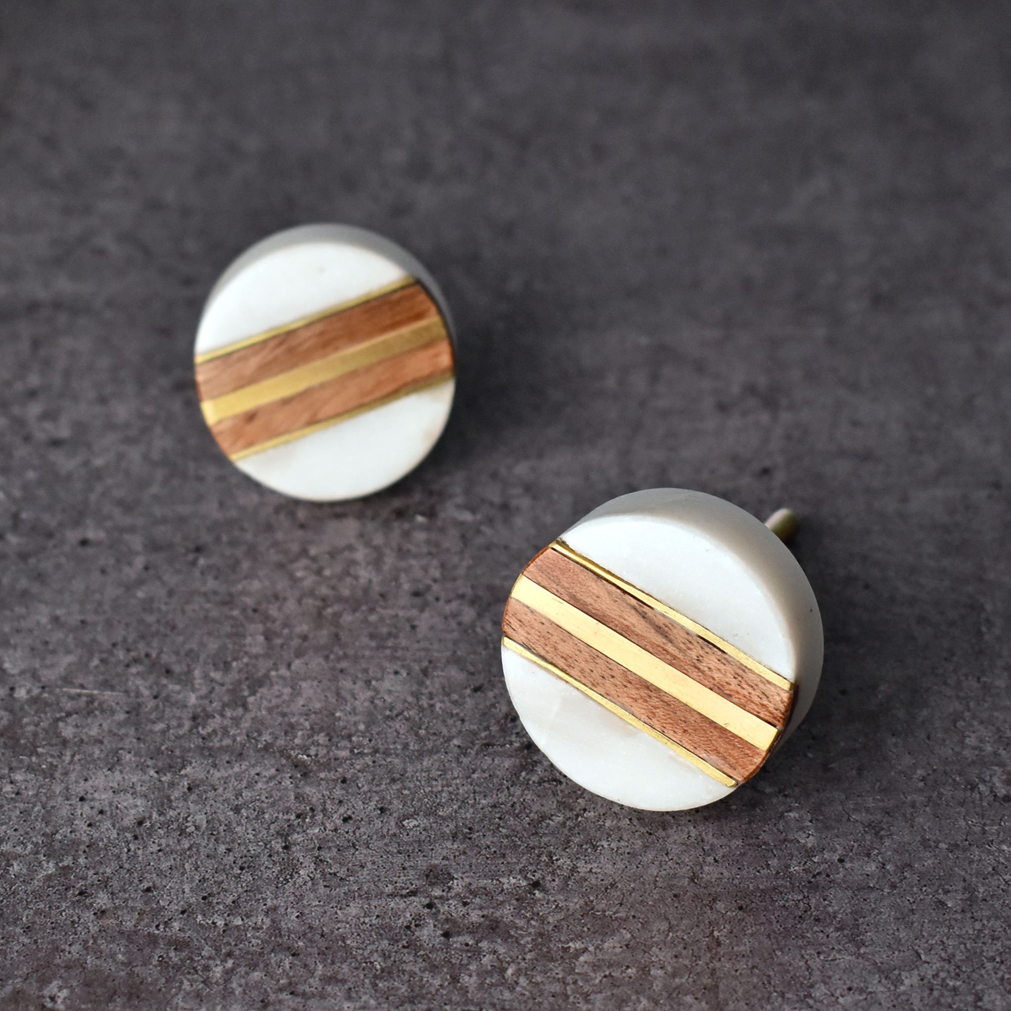 Round White Marble Stone Brass Drawer Knobs Natural Stone Cabinet Knobs ...