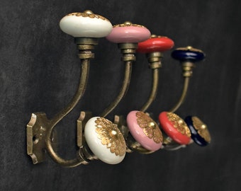 Ceramic Knobs Coat Hook Wall Hook with Brass Filigree Cast Iron Antique Towel Hook Clothes Hook Robe Hook Hanger