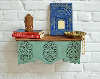 Hand Carved Rustic Teal Wooden Wall Shelf with Floral Design For Books Entryway Decor