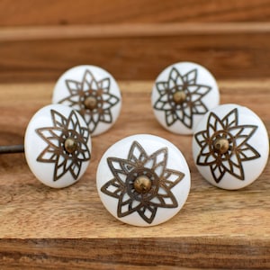 Set of Antique Filigree Ceramic Cabinet Knobs Drawer Pulls, White Ceramic Dresser Drawer Knobs