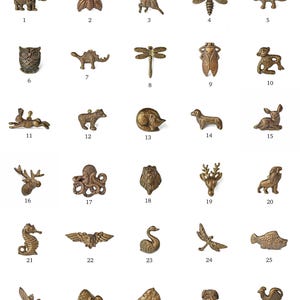 Peut inclure: Une collection de trente petites figurines d'animaux en m&eacute;tal de couleur bronze. L'assortiment comprend un &eacute;l&eacute;phant, une abeille, un cerf, une libellule, un dinosaure, un hibou, une pieuvre, un lion, un hippocampe, etc. Chaque figurine est finement d&eacute;taill&eacute;e.