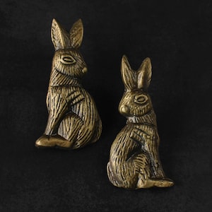 May include: Two bronze-effect rabbit ornaments. The rabbits are depicted in a seated pose with their ears erect. The ornaments have detailed textures and are set against a dark backdrop. The theme is decorative home accessories.