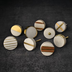 Round White Marble Stone Brass Drawer Knobs Natural Stone Cabinet Knobs Cupboard Handles Drawer Pulls