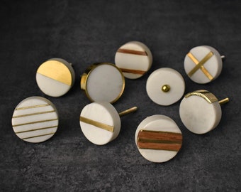 Set of Round White Marble Stone and Brass Drawer Door Knobs Natural Stone Cupboard Handles Drawer Pulls Wardrobe Knobs