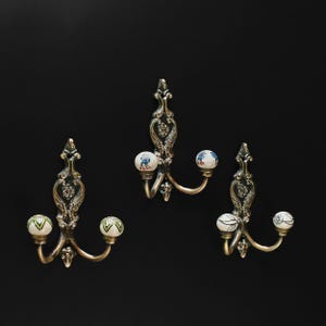 Cabide antigo com puxadores de cerâmica, gancho duplo de parede em ferro fundido, gancho para toalha/roupão