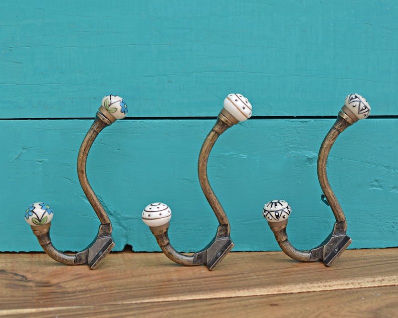 Set of Vintage Ceramic Coat Hooks Hangers Antique Bronze Iron Etsy