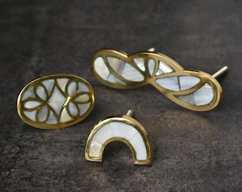 Brass Mother of Pearl Cabinet Handle and Drawer Knobs, Brass Cabinet Knob and Pull Cupboard Handle