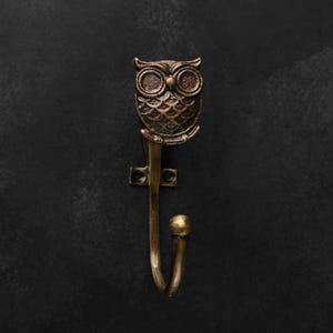 Peut inclure: Un crochet mural en m&eacute;tal de couleur bronze avec un motif de hibou. Le crochet a une t&ecirc;te de hibou d&eacute;corative en haut, avec un crochet incurv&eacute; et une petite boule &agrave; l'extr&eacute;mit&eacute;. Le crochet est mont&eacute; sur une base rectangulaire.