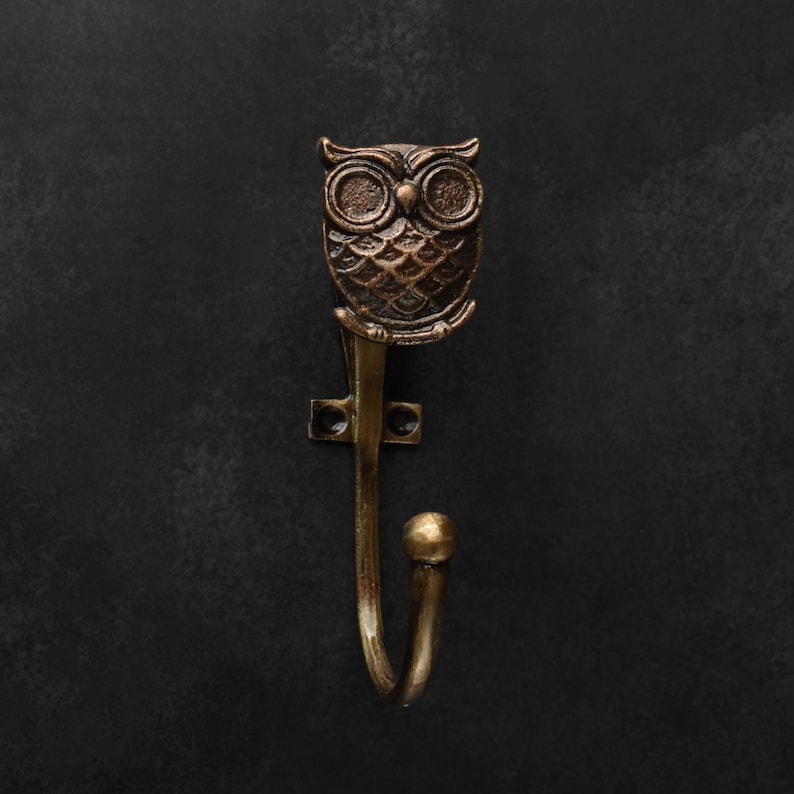 Peut inclure: Un crochet mural en m&eacute;tal de couleur bronze avec un motif de hibou. Le crochet a une t&ecirc;te de hibou d&eacute;corative en haut, avec un crochet incurv&eacute; et une petite boule &agrave; l'extr&eacute;mit&eacute;. Le crochet est mont&eacute; sur une base rectangulaire.